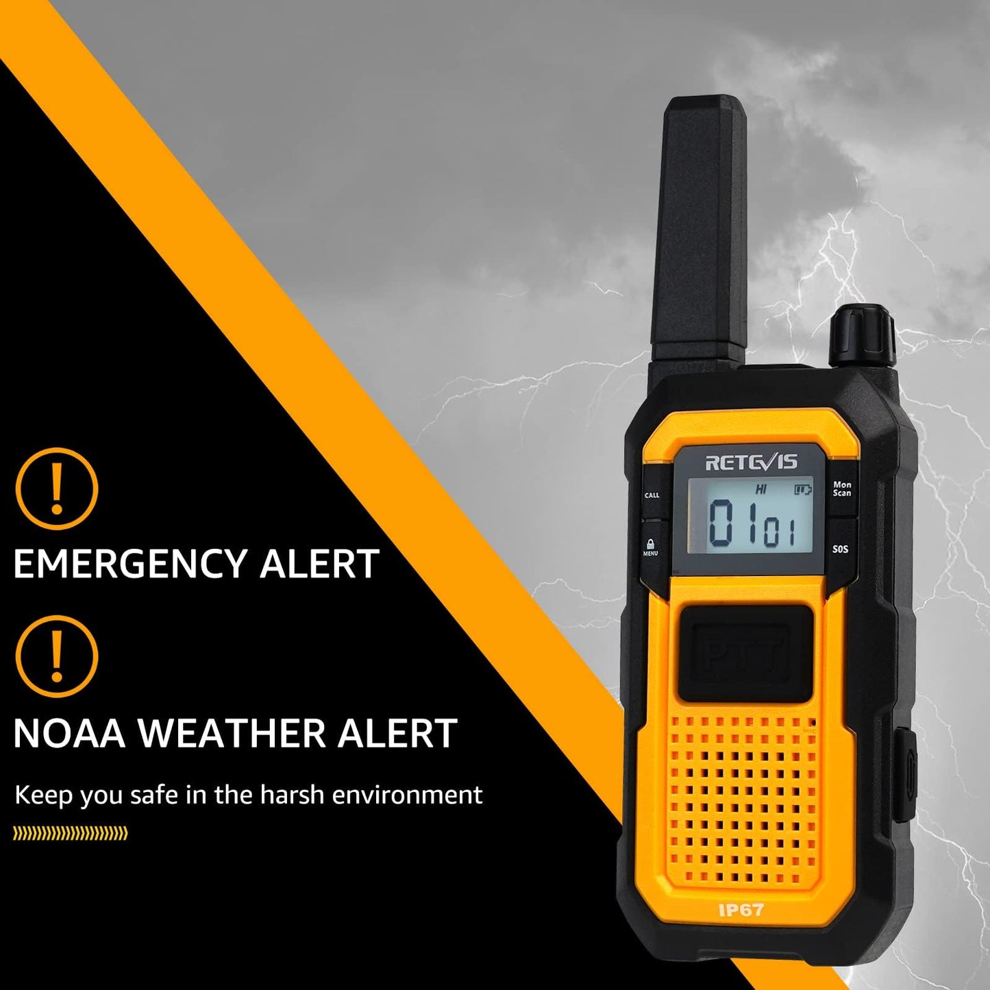 Retevis RB48 IP67 Waterproof Walkie Talkies Long Range, MIL-STD-810H Heavy Duty Two Way Radio, Rugged & Large Front PTT, Vibration Alert, NOAA, Floating, for Construction Job Site (4 Pack) Yellow
