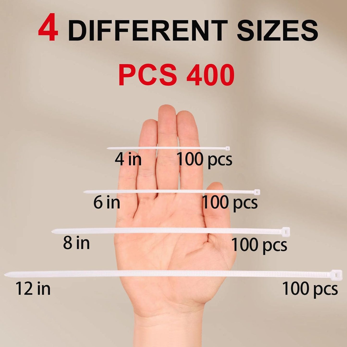 SiKuLin 4+6+8+12 Inch, 400 Pack, White Zip Ties Assorted Sizes Clear Zip Ties, White Cable Ties, Zipties Clear, UV
