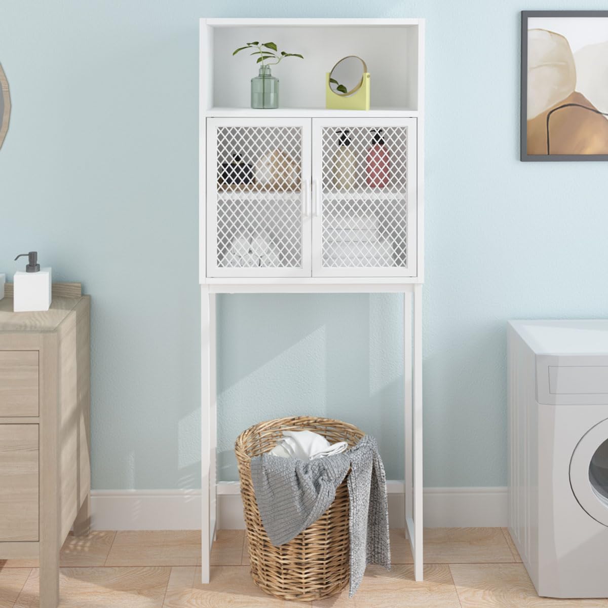 Launica Over the Toilet Storage Cabinet, Over Toilet Bathroom Organizer with Mesh Doors and Shelves, Freestanding Bathroom Storage Cabinet Above Toilet, Wood and Metal, White Oak