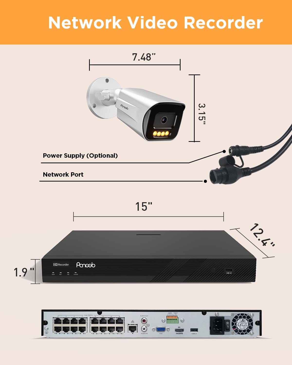 PANOOB 16 Channel Security Camera System 4TB HDD, H.265 12PCS 5MP PoE Commercial IP Bullet Camera, Smart Color Night Vision, 2 Way Audio Talking, AI Human Detection, Remote Access, PB65A1216-5MD