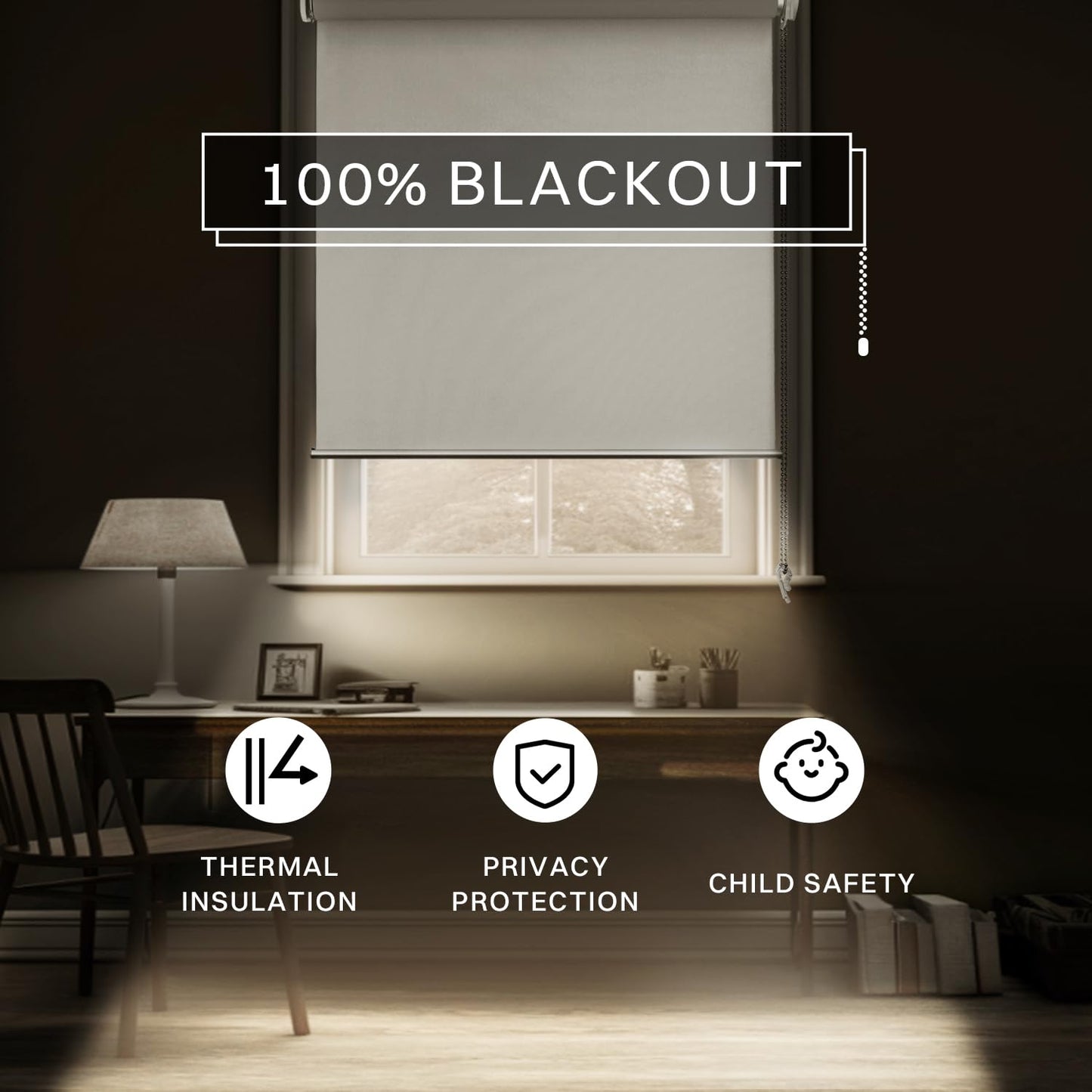 No Drill No Tools 100% Blackout Roller Shade | UV Protection | Easy-Care Fabric | Roller Blind for Windows & Doors | Pull Down Window Shade - White (60.5" W x 75" H)
