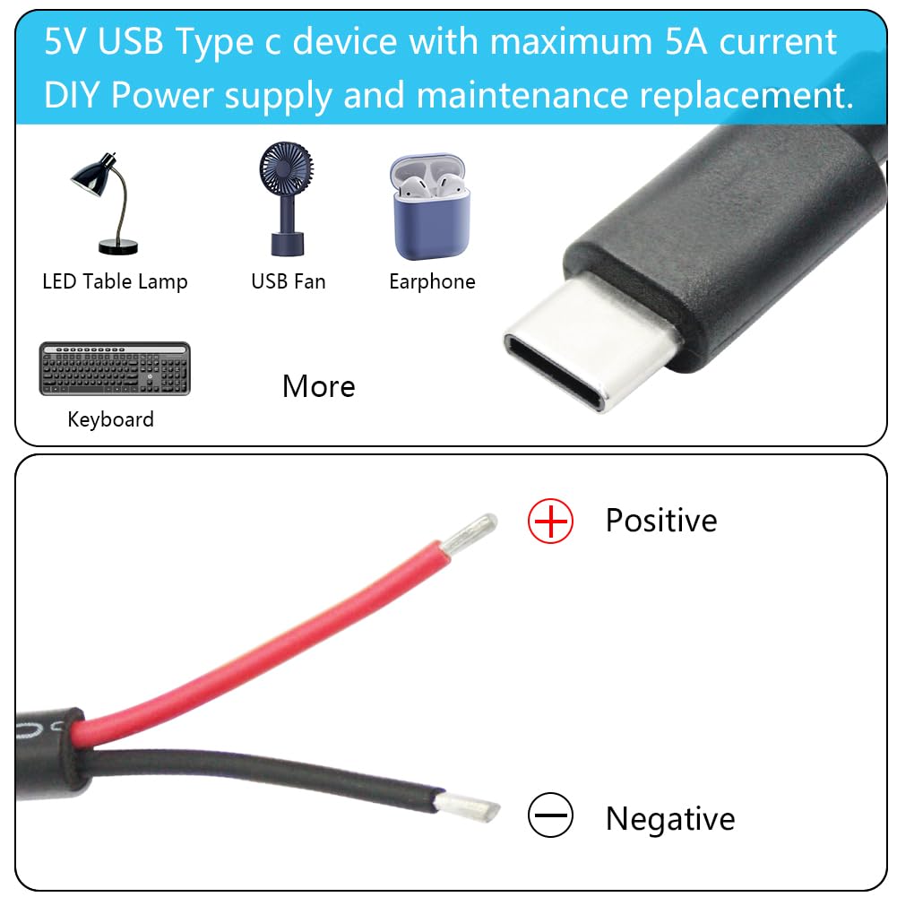 2 11inch, 5V/5A 2 20AWG, 4Pcs USB C to Pin Bare Wire Open End Power Cable USB Type C Male Plug Pin Pigtail Cable