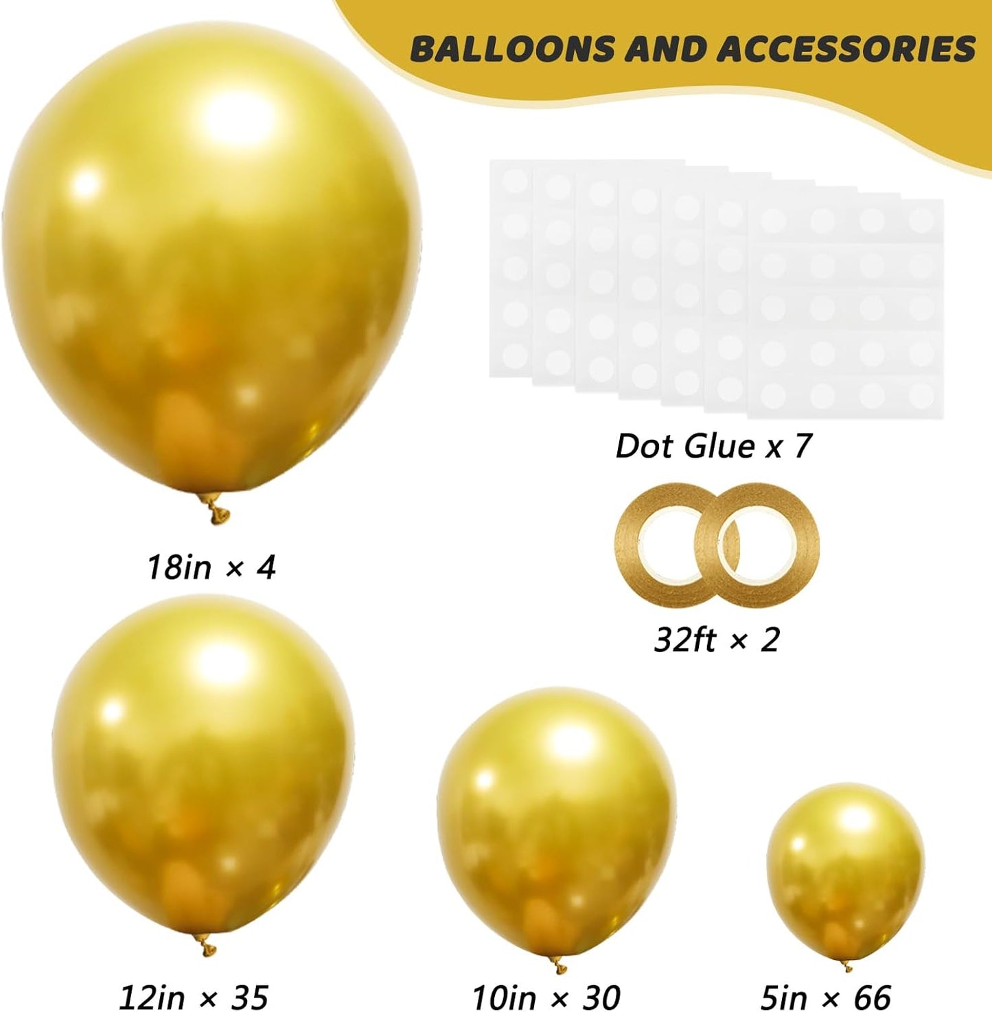 RUBFAC Gold Balloons - 135pcs in Various Sizes for Stunning Garland & Arch Decorations | Birthday & Wedding