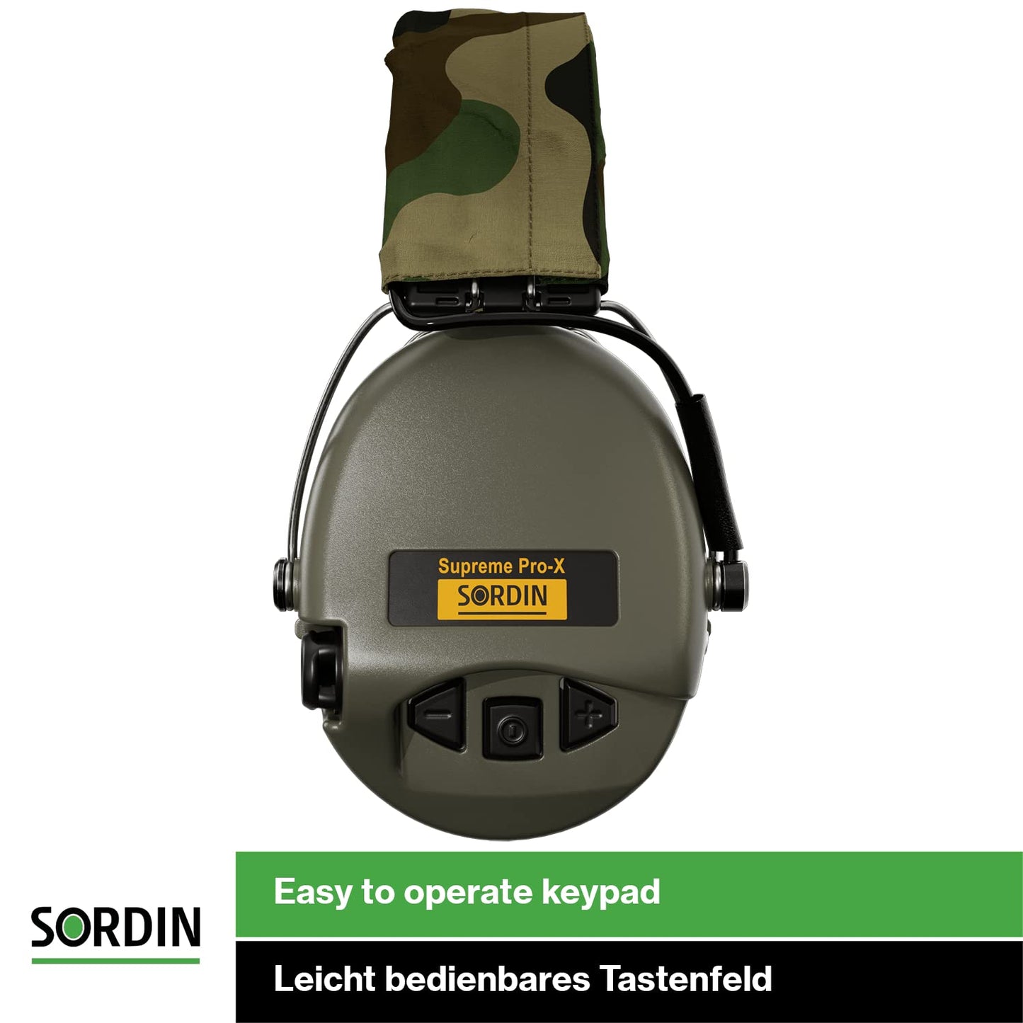 Sordin Pro-X Ear Muffs - 75302-X-G-S - Active and Electronic Ear Defenders w/Camo Headband - Gel Pads - Olive
