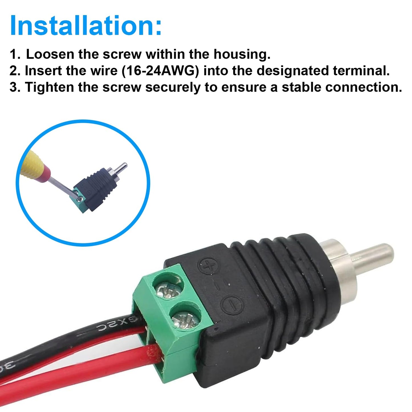 California JOS Male-2pack) RCA Cable Audio Adapter, Phono RCA Male Plug to AV Screw Terminal Audio/Video Speaker Wire
