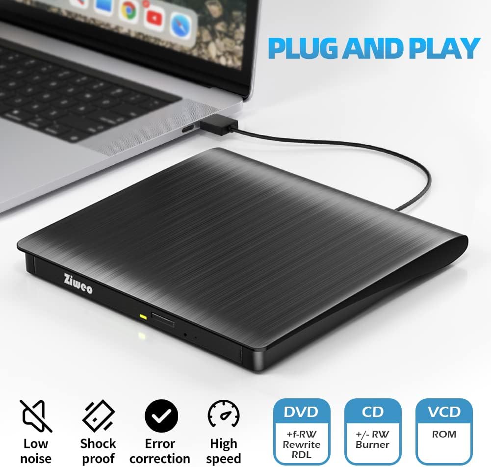 Ziweo 3.0 External USB Type-C CD DVD +/-RW Drive - Portable CD ROM Reader & DVD Burner with Protective Carrying Case