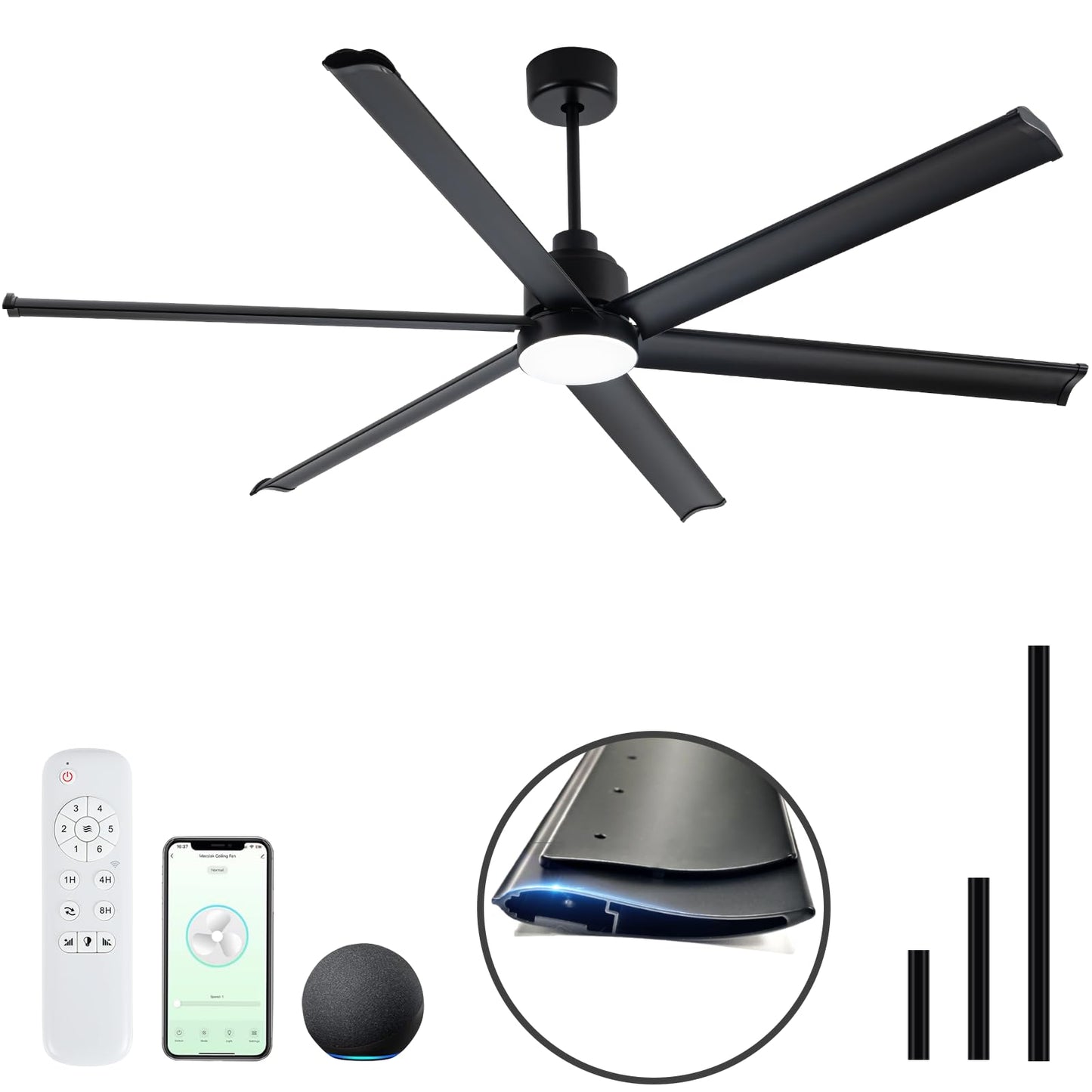 Minislak 84" Smart Alexa Industrial Ceiling Fans with Light,6 Dual-Layer Aluminum Blades,Large Black Ceiling Fan with 6 Speed Noiseless DC Motor,Indoor/Outdoor Ceiling Fan for Patio