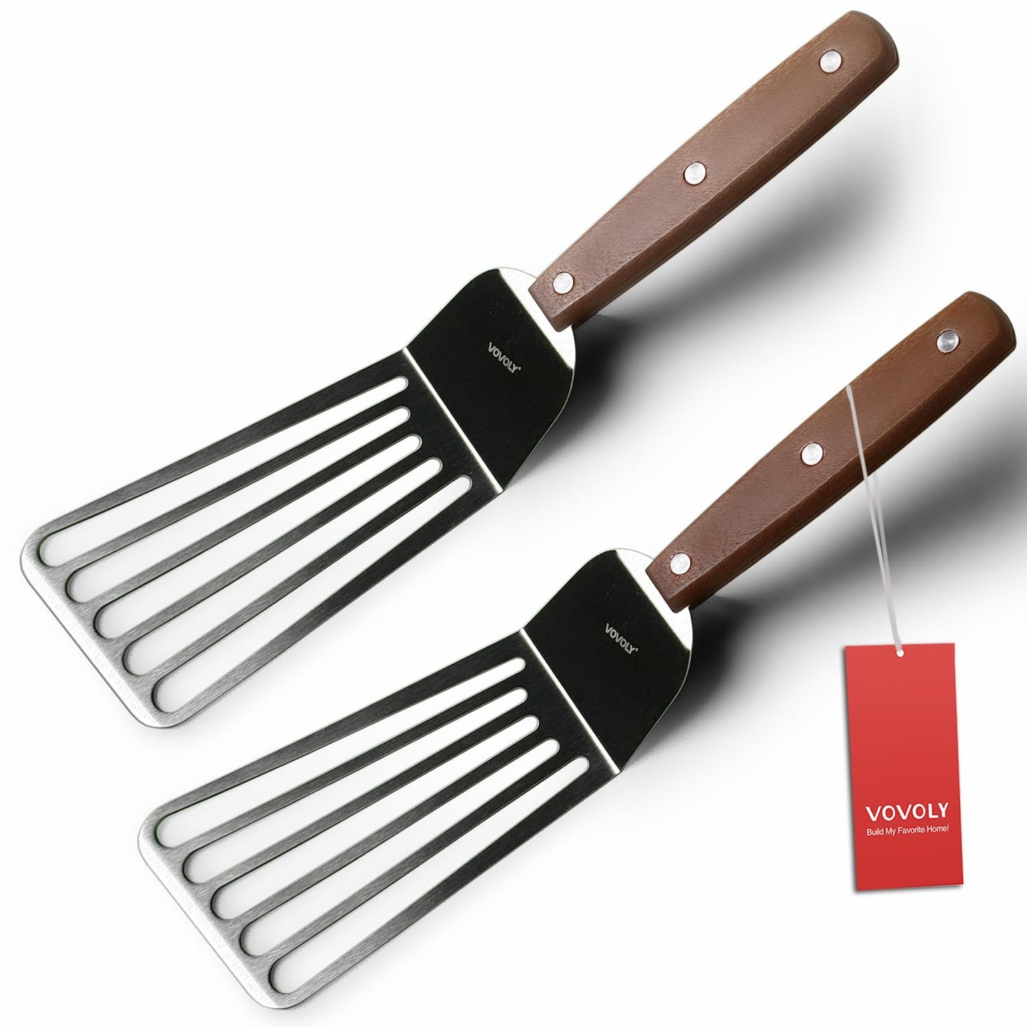 2 Pack Offset Fish Spatula Turner, Stainless Steel Slotted Spatulas for Flipping, Turning, Frying & Grilling, Offset Metal Slotted Spatulas, Wooden Full Tang Handle