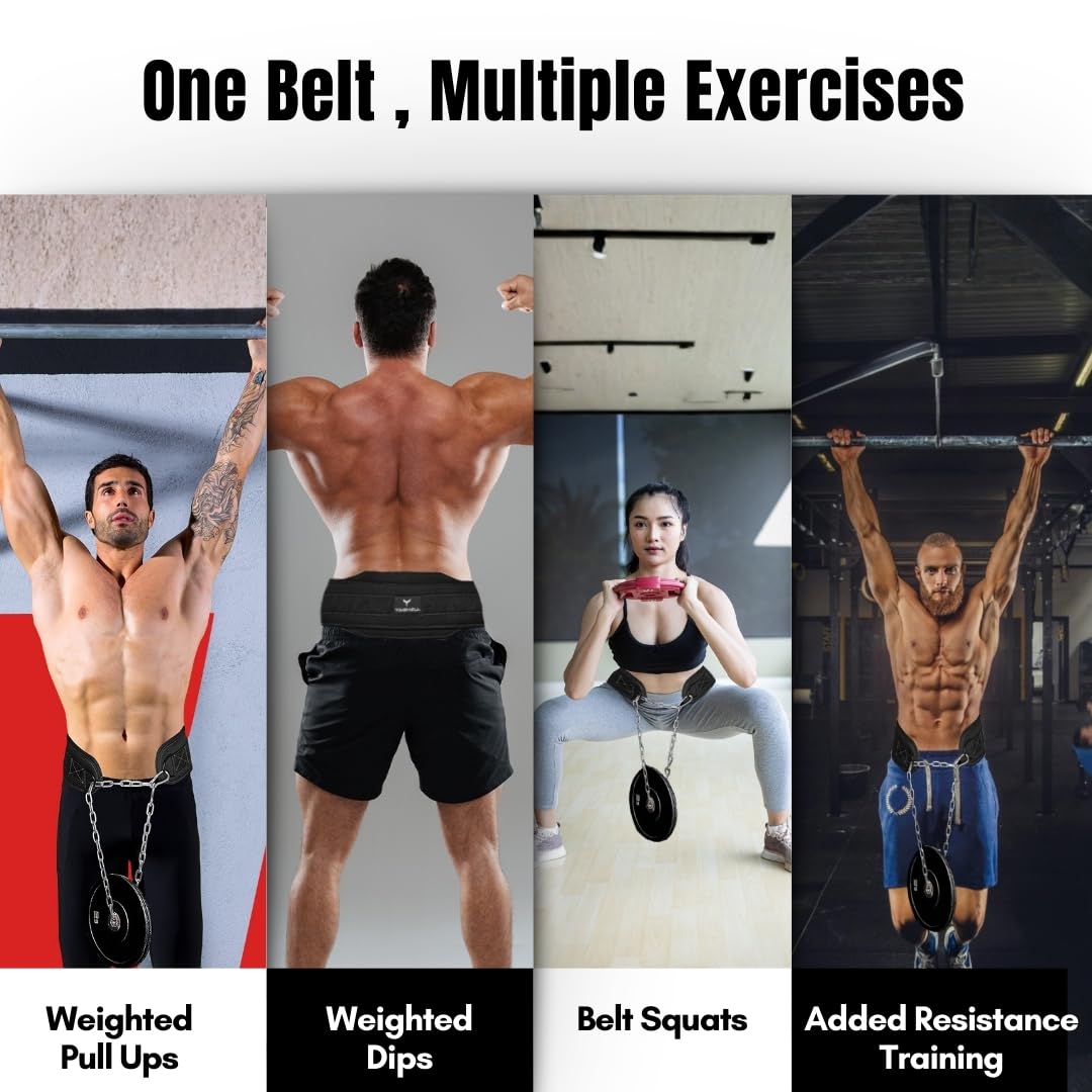YAGHZU Dip Belt with Chain – Weighted Pull Up Belt, Dip Weight Belt, Weightlifting Belt for Pullups, Squats, and Dips, Belt Squat Attachment Ideal Weight Belt for Pullups, Weightlifting, and Gym Workouts (Black)