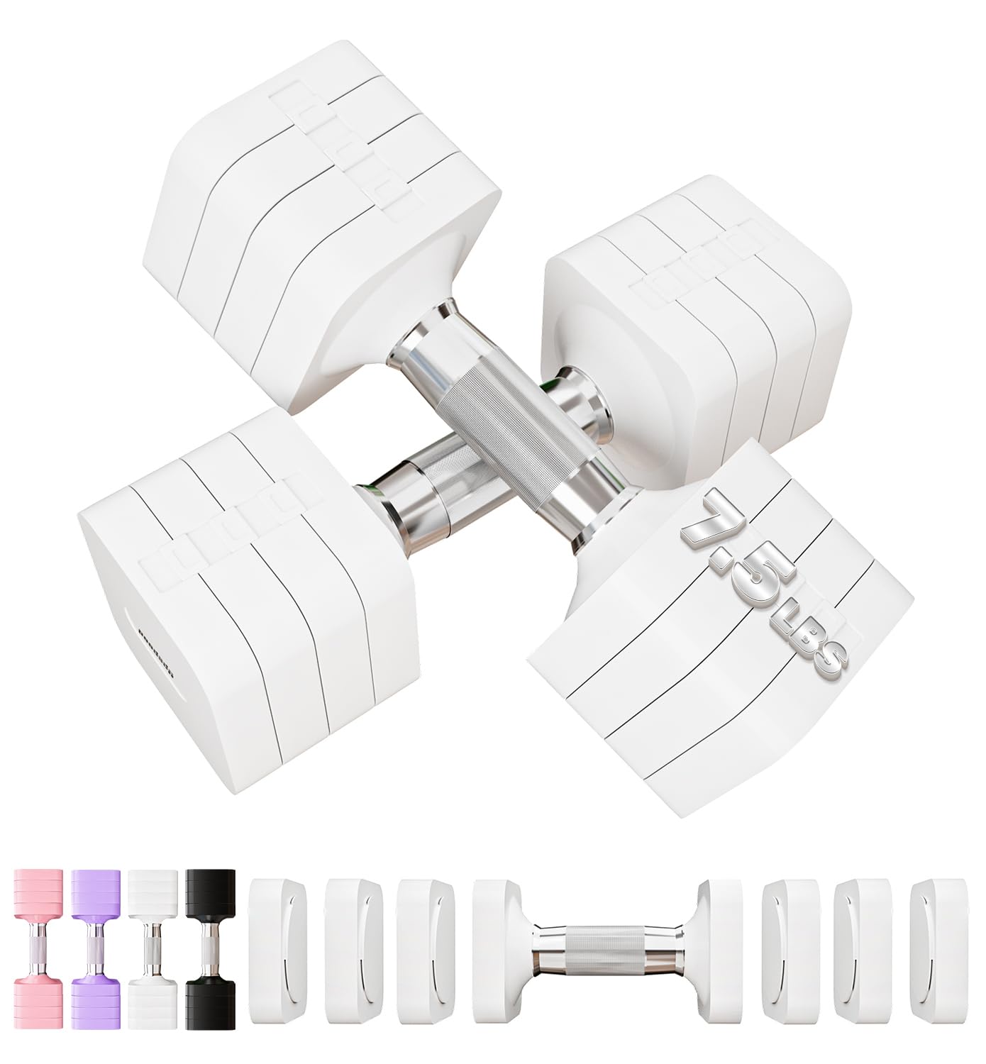 15LBS Adjustable Dumbbells Sets, 4 in 1 Free Weight Dumbbell Sets for Women Men Hand Weight Set Adjust Dumbbells Weights Set for Home Gym Exercise Workout Strength Training Equipments, White