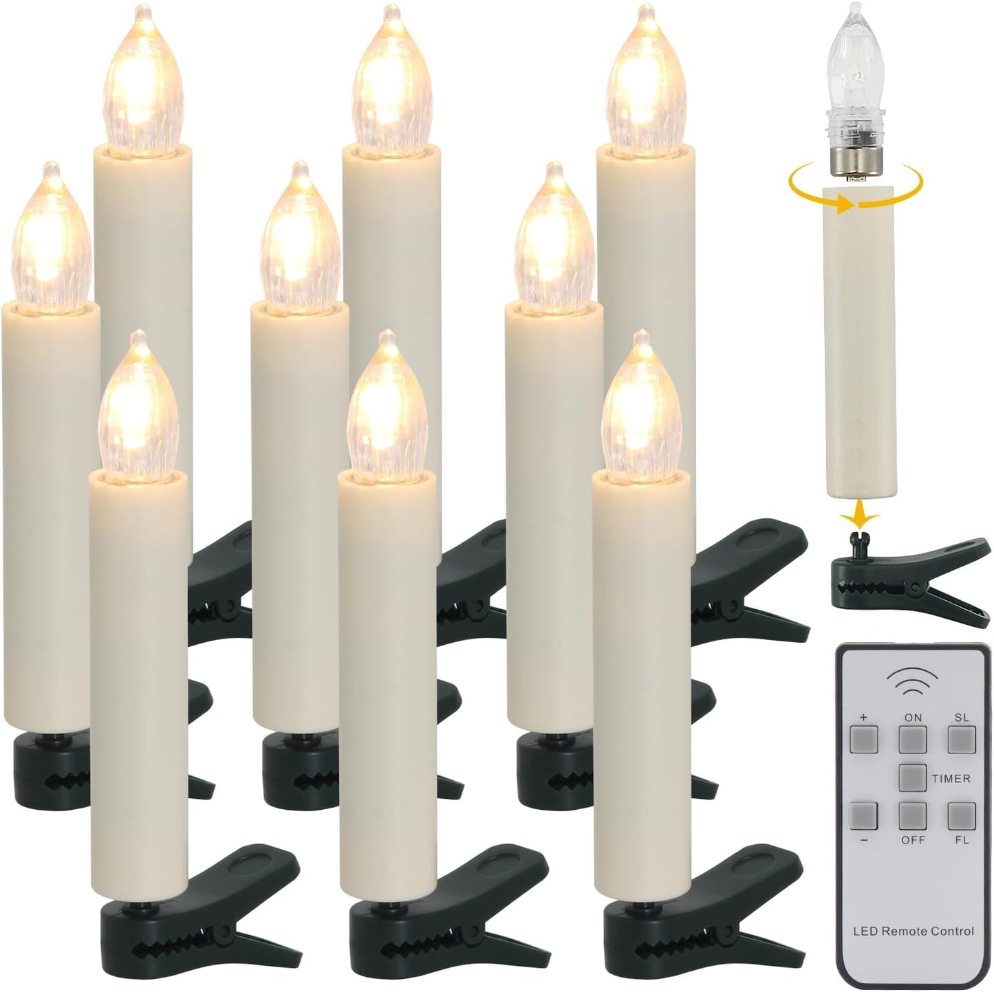 Skiennix Flameless LED Clip Candles - Battery Operated Christmas Lights with Remote Timer | 10-Pack