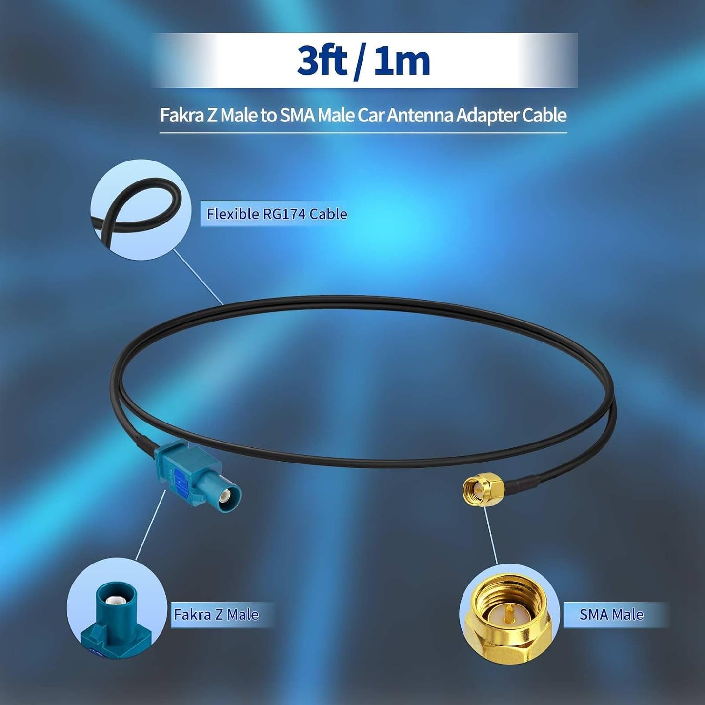 1m 3feet 4G Fakra Z Male to SMA Male Car Antenna Adapter Cable for Vehicle Stereo Android Head Unit GPS Navigation