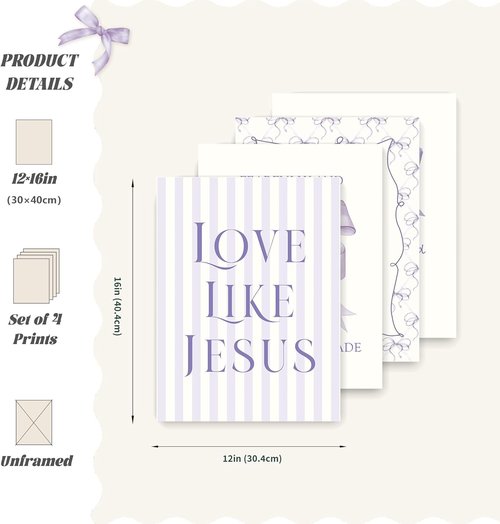 LARTSFRO Coquette Purple Bow Wall Art | Inspirational Christian Decor for Teen Girls | 12x16 Inch Set of 4 Unframed Prints