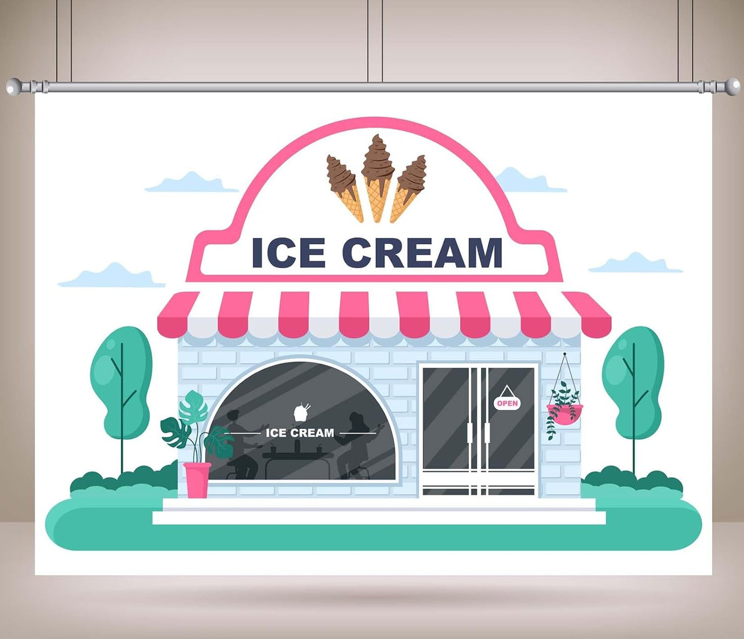 CORFOTO 10x8ft Summer Fabric Ice Cream Shop Backdrop Pink White Striped Awning Brick Building Scene Photography