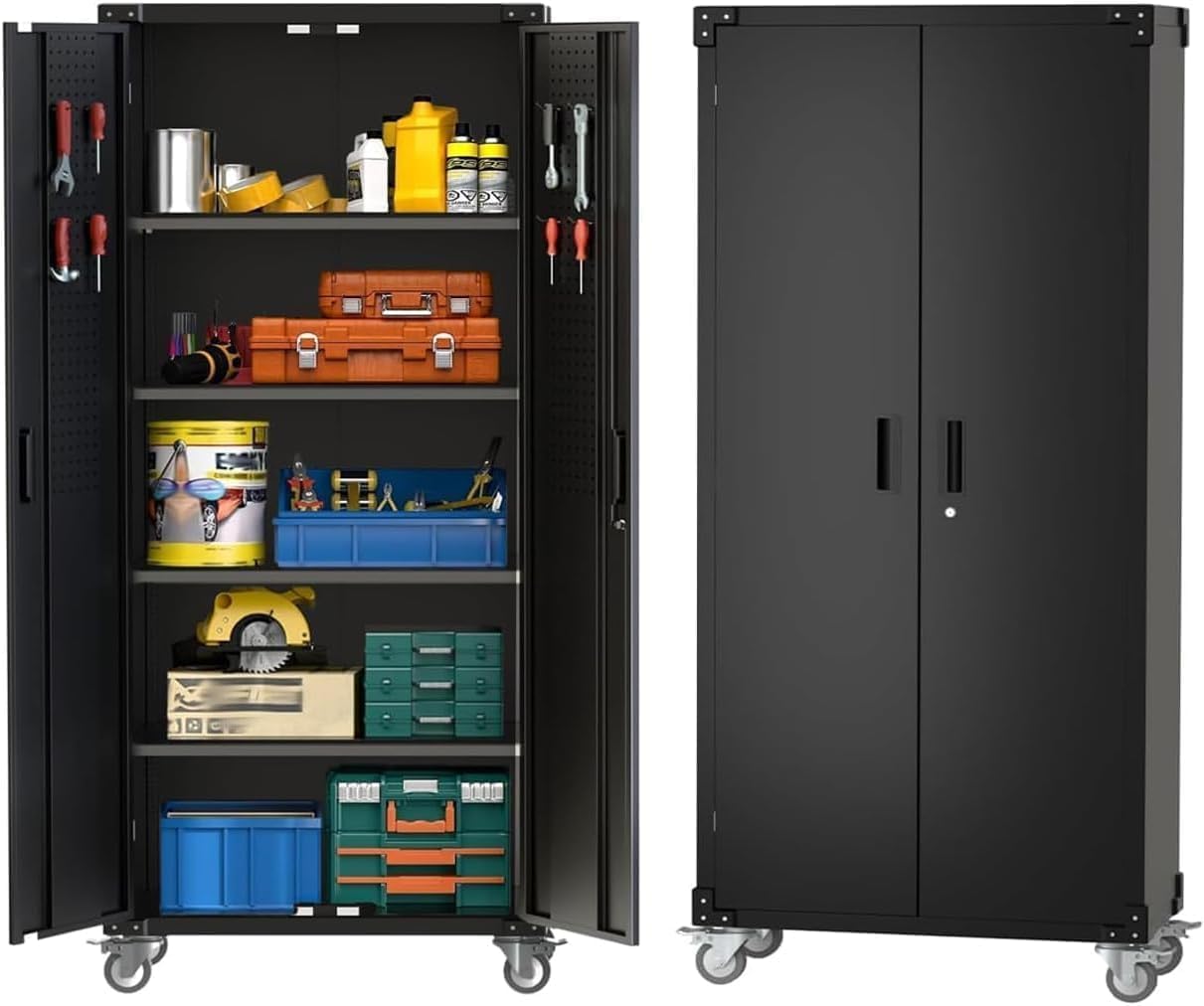 IDEALHOUSE 72" Tall Garage Storage Cabinet – 600 Lb Capacity Metal Tool Cabinet with Magnetic Lock, 4 Adjustable Shelves & Wheels, Heavy-Duty Steel Storage for Workshop, Home & Office