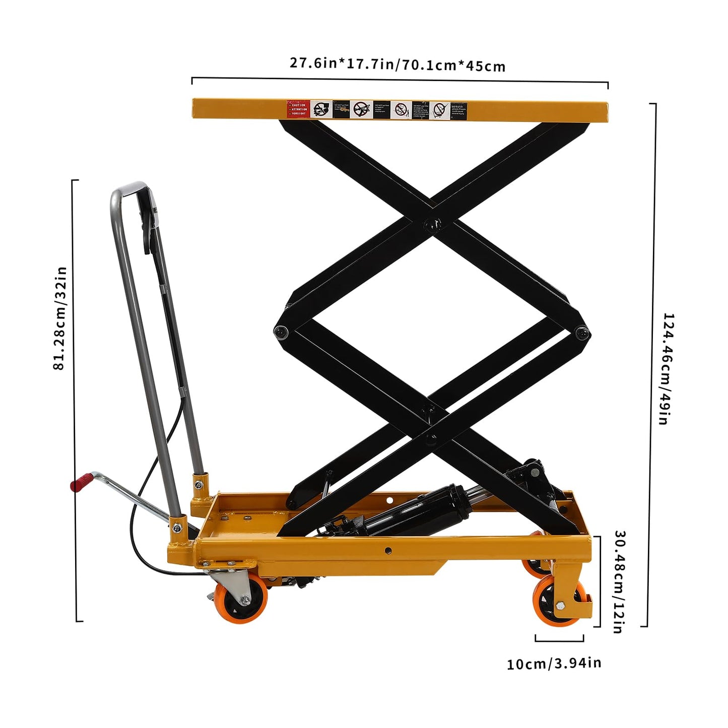 Hydraulic Scissor Lift Table Cart, 330lbs Capacity Double Scissor 49" Lifting Height Hydraulic Lift Table, with Locking Wheels for Material Handling and Transportation