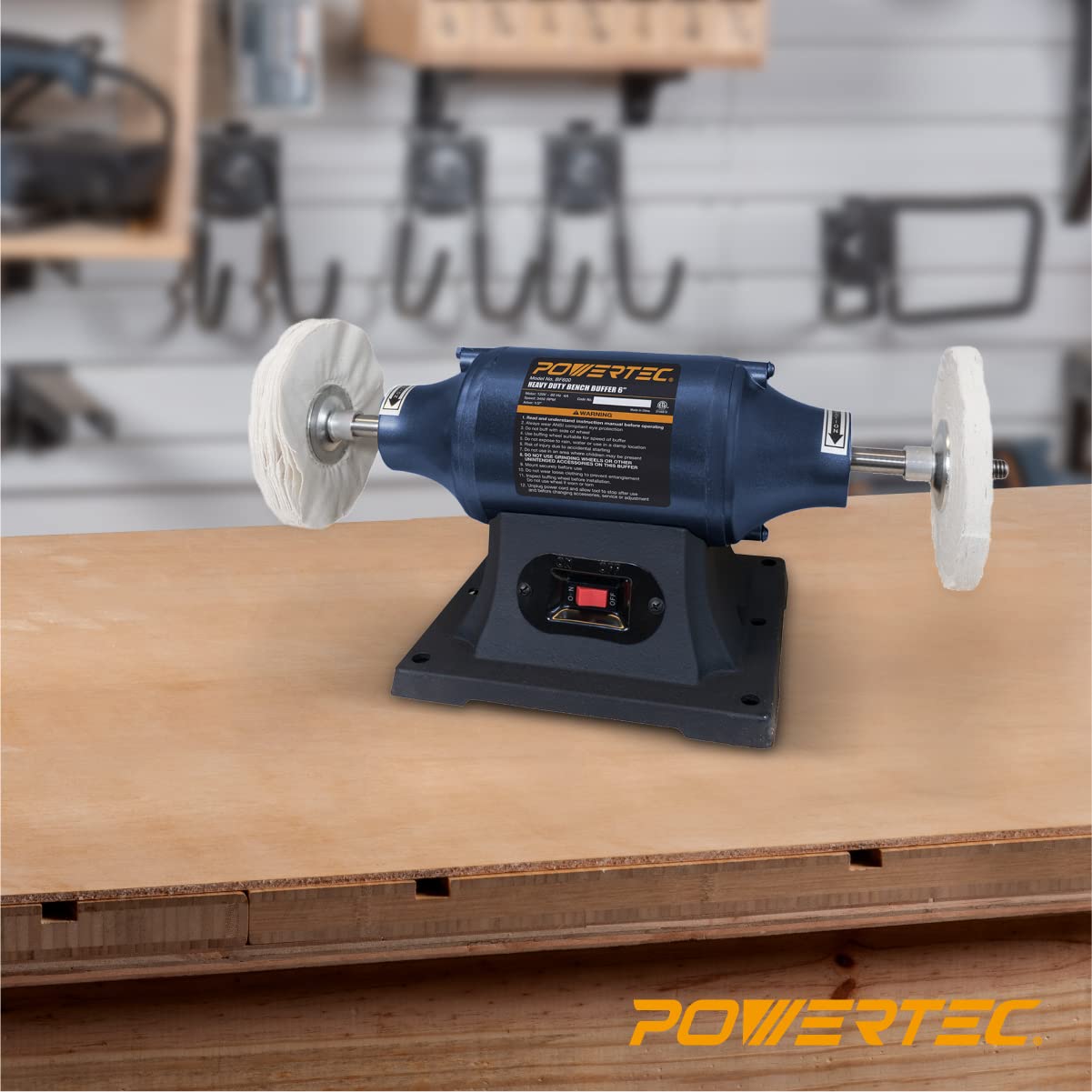 POWERTEC 6-Inch Bench Buffer Jewelry Polisher - Includes 4PCs 80Ply Thic Buffing Wheels | Ideal Benchtop Buffing Machine for Polishing Metal, Jewelry, Knives, Wood, Jade, and Plastic (BF601C)