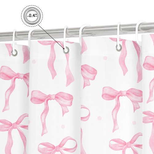 Litabel Cute Bow Shower Curtain, Pink Aesthetic Bowknot Shower Curtain for Bathroom, Modern Minimalist White Waterproof Fabric Shower Curtain Set, 72x72 Inch