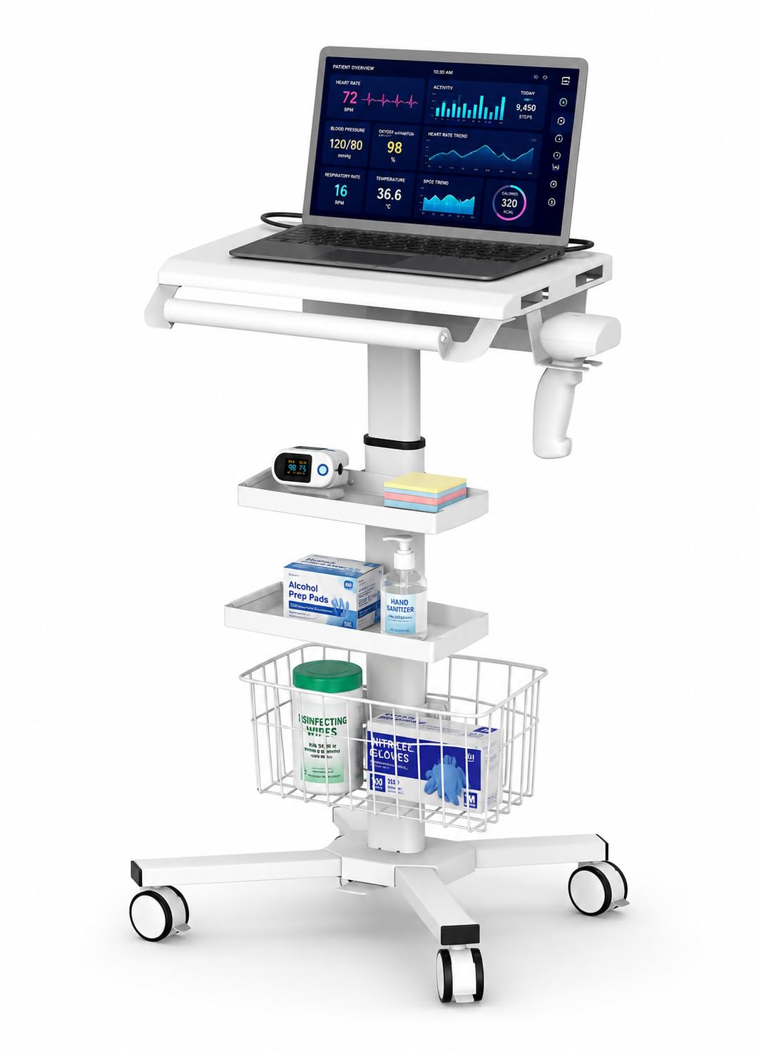 MB-C07 Height Adjustable, Anti-Theft, Anti-Slip Medical Laptop Workstation Trolley Cart With Wheels, Oral Scanner Holder, Basket Storage, Dual Tray | Large Tabletop for Dental Office, Hospital, Clinic