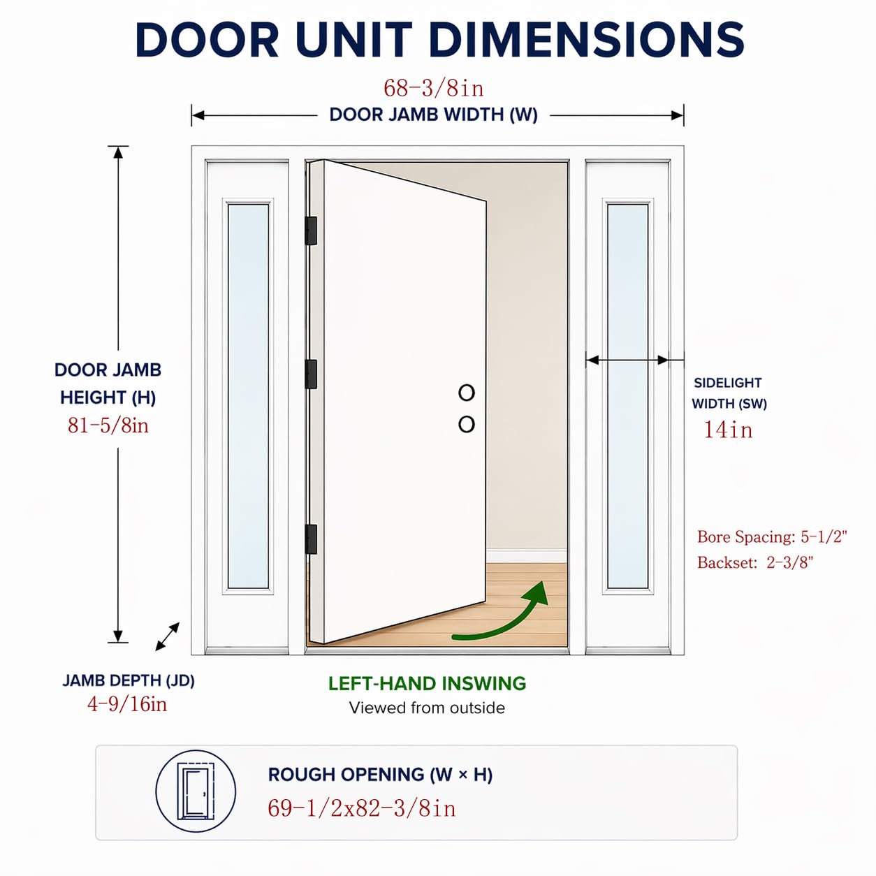 Fiberglass Front Door with Double Sidelights - 68" x 80", Single Exterior Entry Door with Decorative Glass and 14in Sidelights, Left Hand Inswing, Black Knock-Down Door, Brickmould and Jamb Included