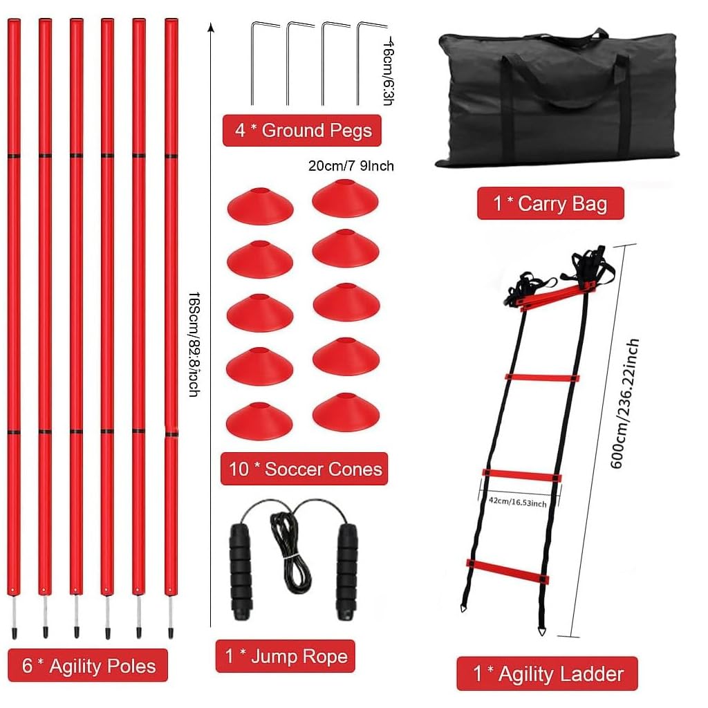 MQMCPDS Adjustable Soccer Training Agility Poles 6,1speed Ladder Agility Ladder,10soccer Cones for Training,1Jump Rope+Storage Bag,Auxiliary Equipment for Football Speed and Agility Training (red)