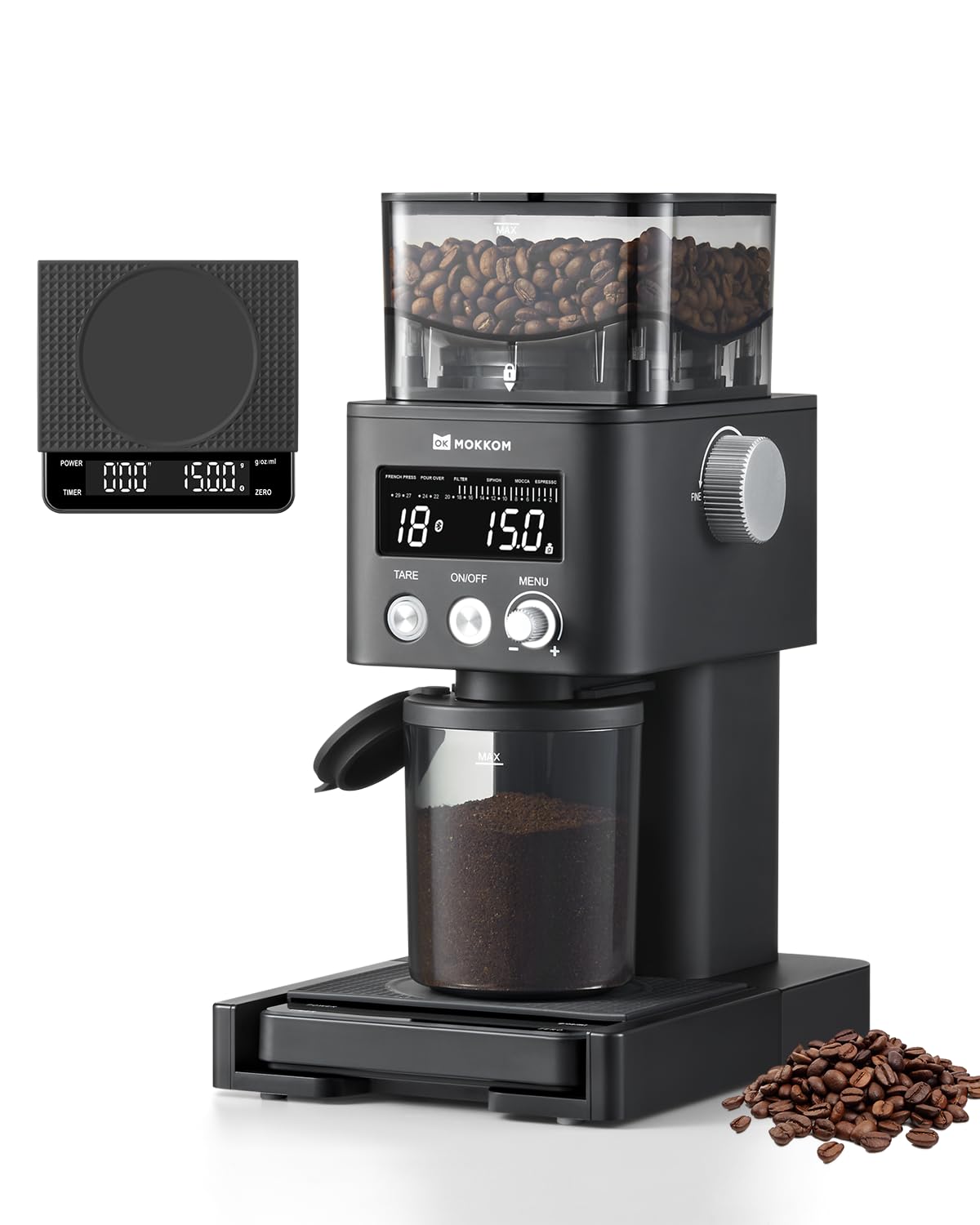 MOKKOM Electric Coffee Grinder with Removable Coffee Scale, Anti-static Conical Burr Coffee Bean Grinder,31 Precise Settings for Espresso Pour Over, French Press, Black