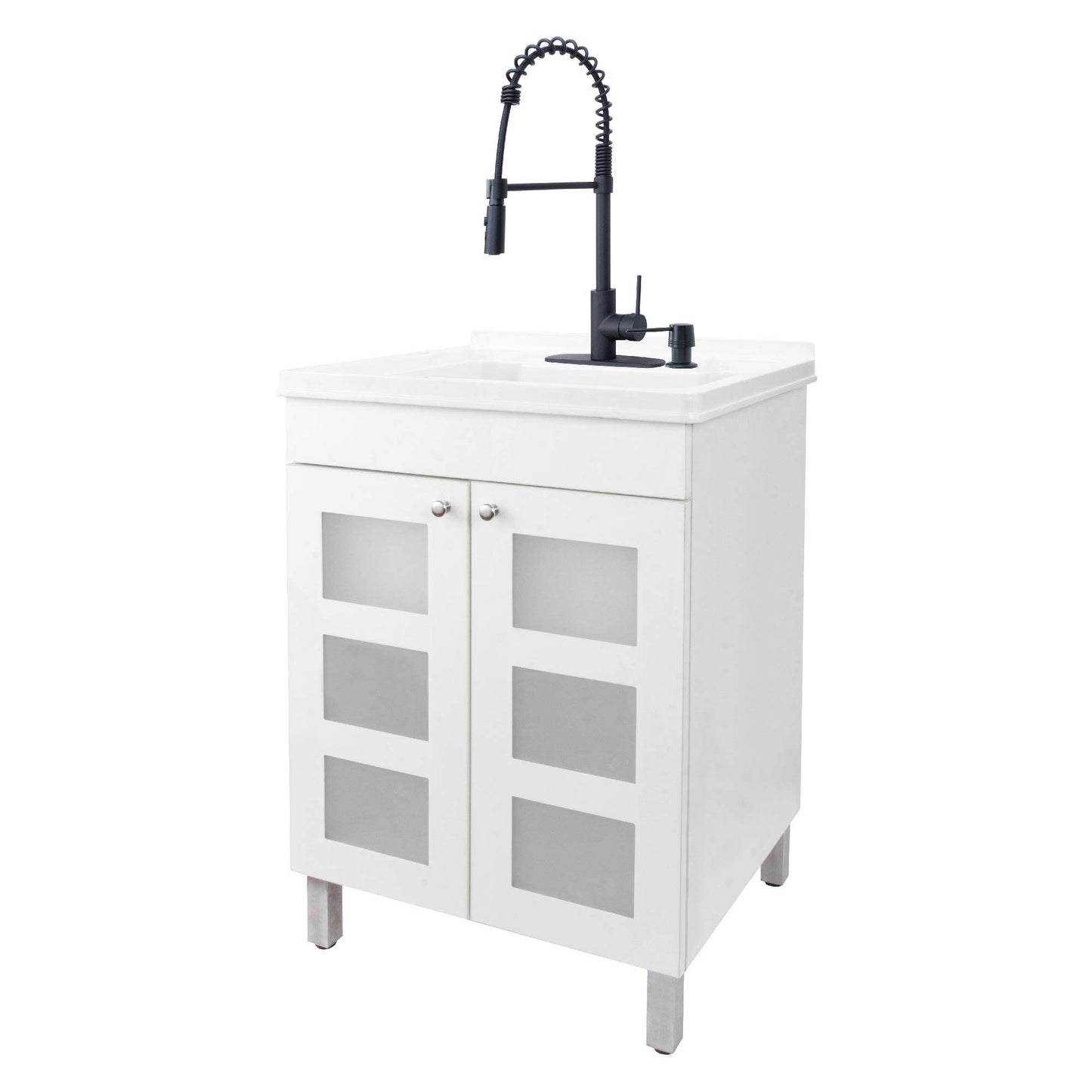 White Utility Sink in White Vanity, Matte Black Pull-Down Coil Faucet, Soap Dispenser and Spacious Cabinet by JS Jackson Supplies for Garage, Basement, Shop and Laundry Room