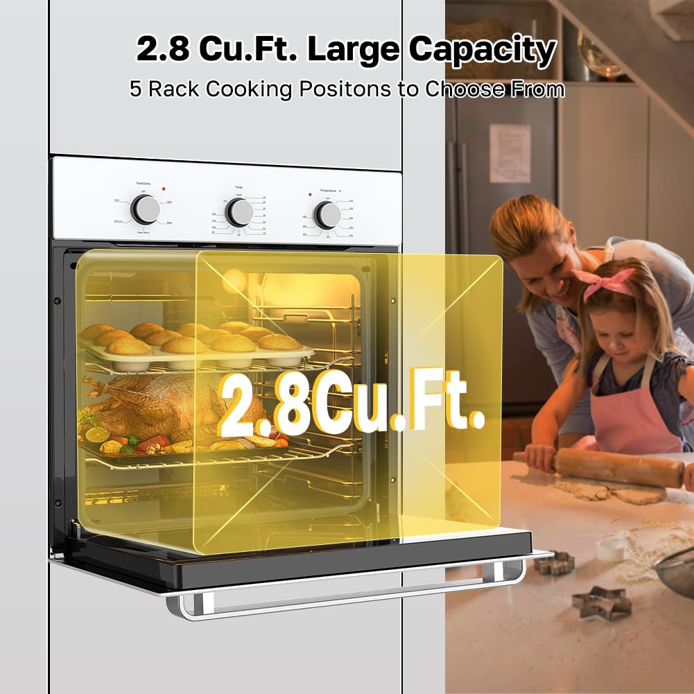 24" Single Wall Oven, ThermoMate 2.8 Cu.ft. Electric Wall Oven with 5 Cooking Functions, White Built-in Ovens with Mechanical Knobs Control, ETL Certified