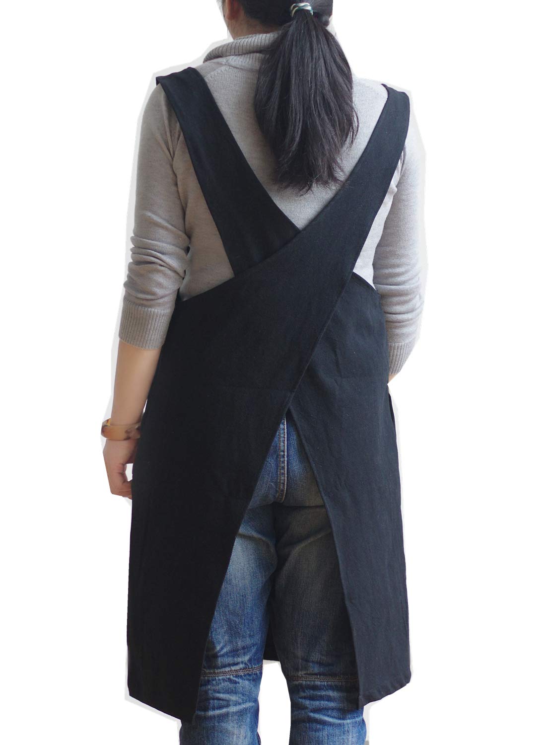 AOBBYBBS Soft Cotton Linen Apron Solid Color Halter Cross Bandage X Shape Kitchen Cooking Apron for Women Chef Housewarming Gift (Black)