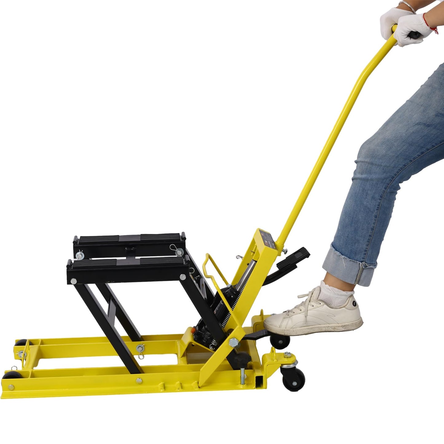 Hydraulic Motorcycle Lift Jack, 1500 LBS Capacity ATV Scissor Lift Jack, Hydraulic Foot-Operated Motorcycle Lift Table with 4 Wheels, 4.5"-15" Lifting Range Steel ATV Lifts Stand Hoist Yellow