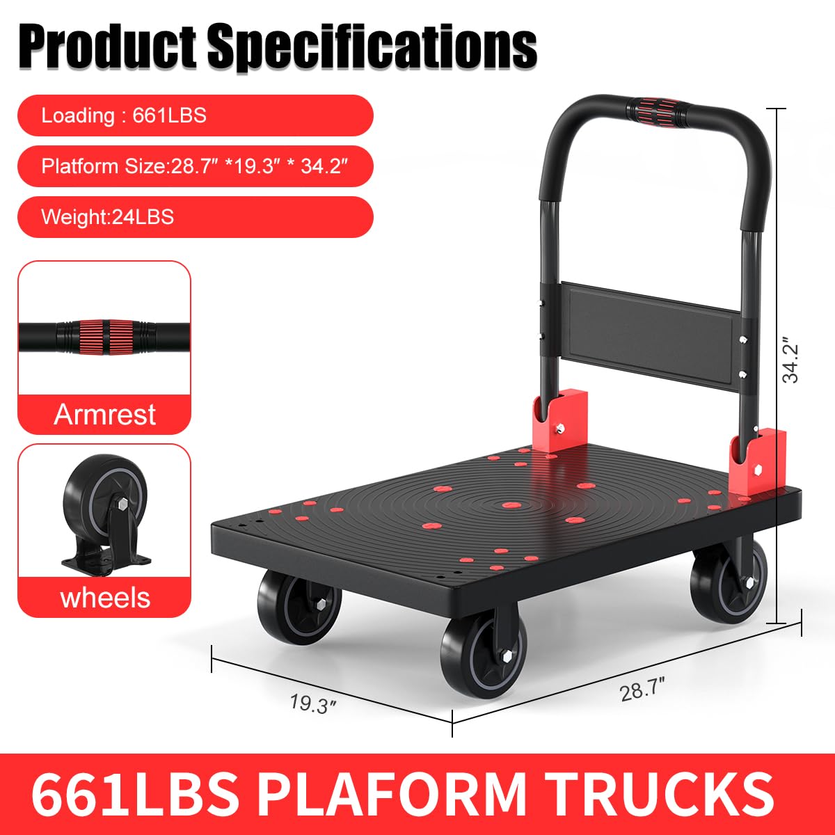 WUD Push Cart, Folding Mobile Platform Trolley,Thickened and Reinforced, 360° Swivel Wheels, 28.7 “L x 19.3 ”W, 661 lb.Black Dolly cart with Wheels