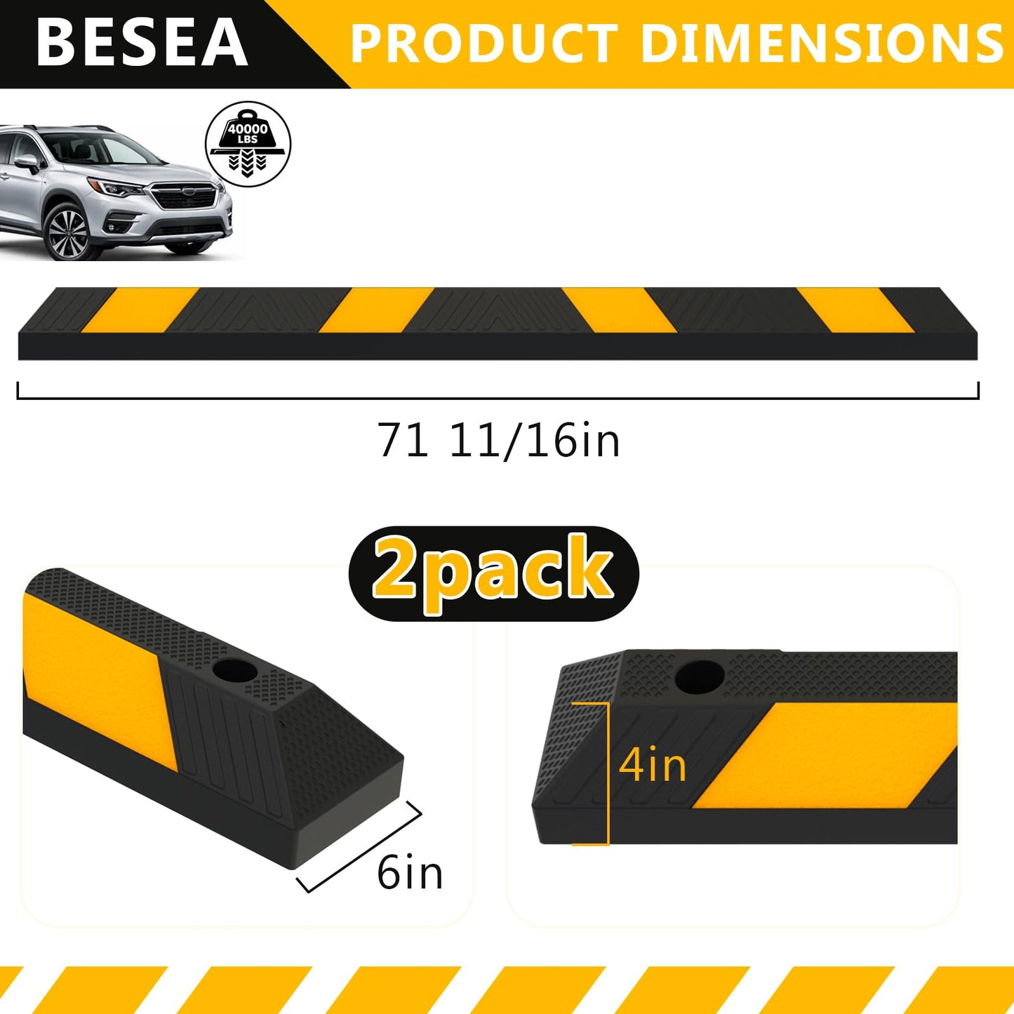 BESEA 2pcs Curb Parking Stoppers for Garage Bumpers Parking car 72" Length 4" High Heavy Duty Rubber Wheel Stopper for Vehicles Truck Driveway Help Your Cars Parking Stop Perfectily(2pack)