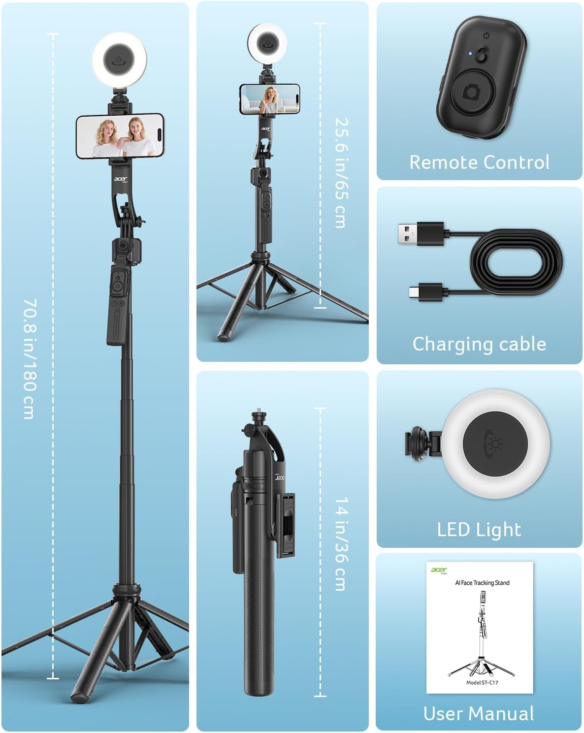 Acer 64", 360Rotating Gadget Auto Face Tracking Tripod for iPhone/Cell Phone/Android/Camera with Light and Remote, No