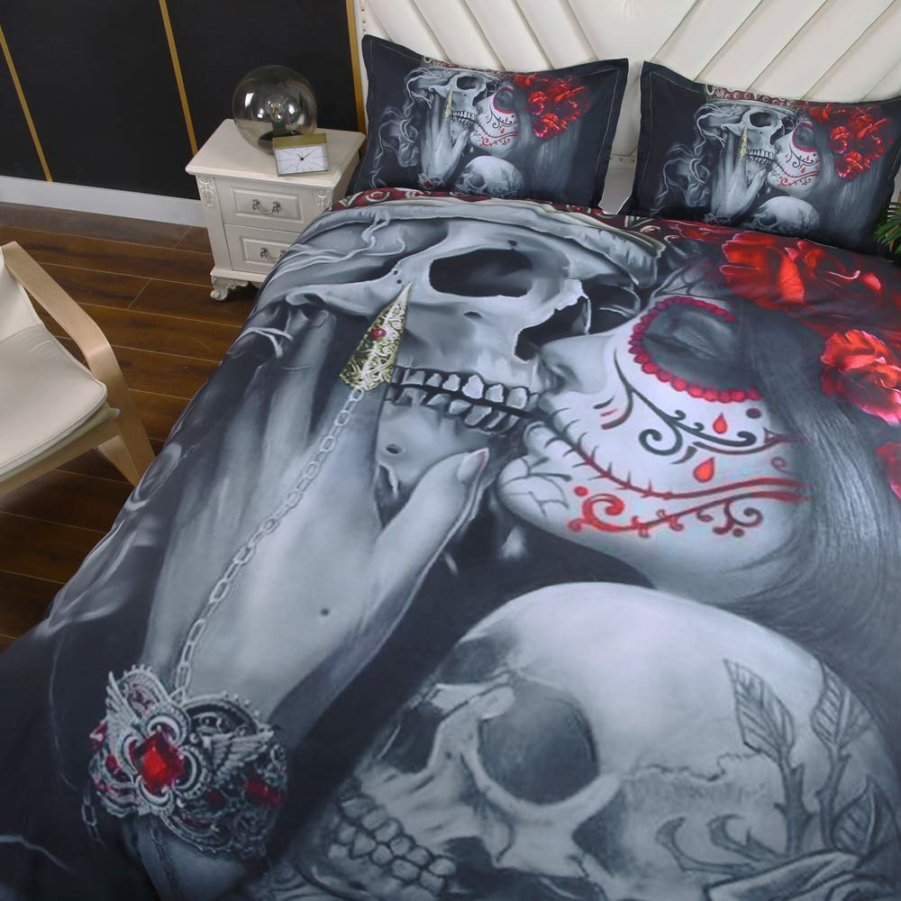 Suncloris 3D Dark Gothic Sugar Skull Roses Queen Duvet Cover Set 3Pcs (Queen)