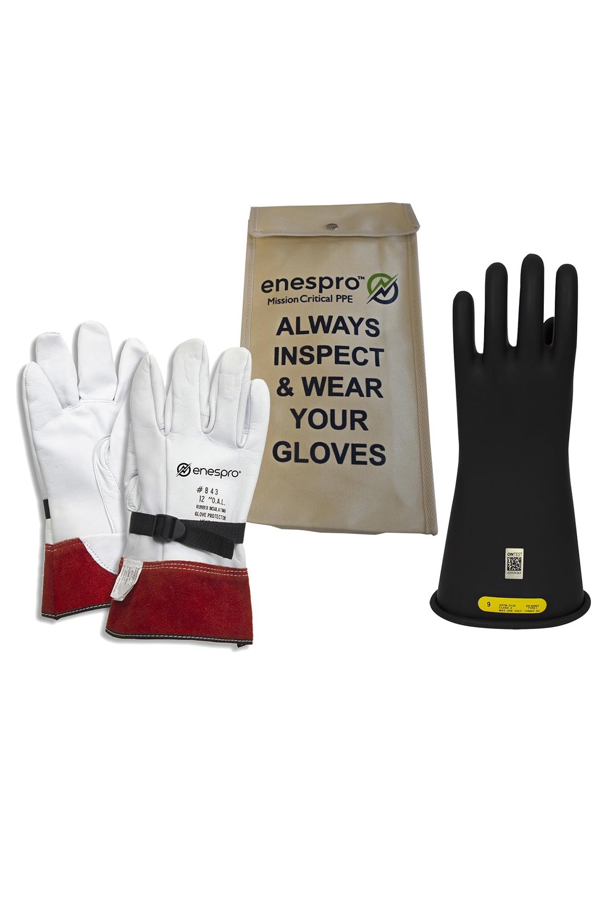 Enespro Class 2 Electrical Gloves Kit, 17,000V AC / 25,500V DC Black Insulated Rubber Gloves with Leather Protectors, Electrical Work Gloves for Linemen, and Utility Workers