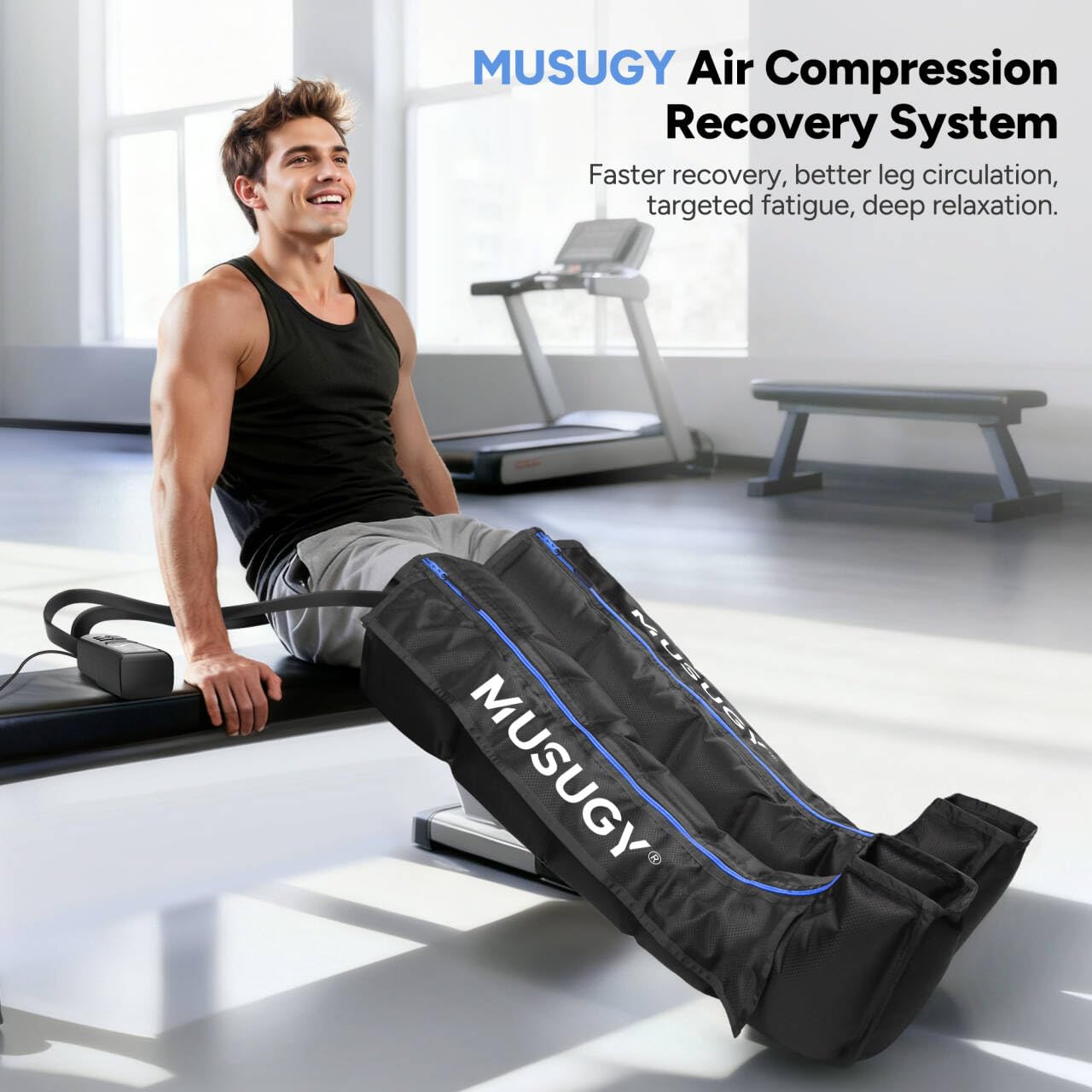 Musugy Sequential Leg Compression Massager for Circulation : Full Leg Air Compression Boots for Massage Therapy & Fatigue Relief - 9 Intensity, 6 Modes, 3 Timers for Athletes, Runners, Gym (Large)