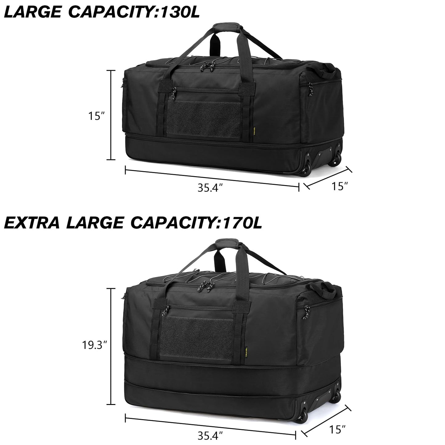 Laripwit Collapsible Duffle Bag with Wheels 130-170L Extra Large Expandable Travel Duffel Bag for Men Women Heavy Duty Military Duffle Bag for Camping Rolling Foldable Carry On Luggage, Black