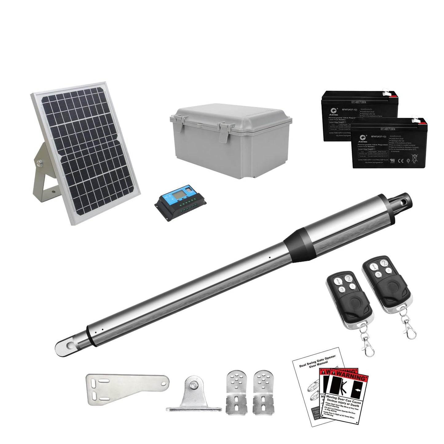 JUJIANG C01 Solar Gate Opener with Batteries & Solar Panel for Single Swing Gates Up to 440lb 12FT Automatic Gate Openers with Remote Complete Kit Light Duty Automatic Gate Openers Solar Powered