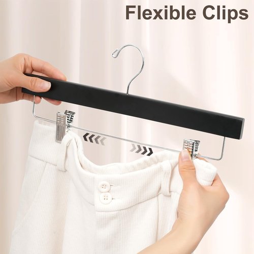 BAGAIL 20 Pack Wooden Pants Hangers - Adjustable Clips & 360° Swivel Hook for Space Saving (Black)