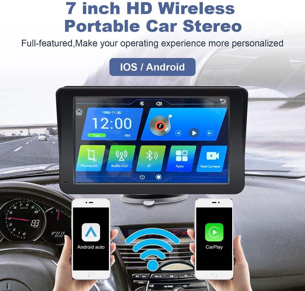EVCONN 7'' Wireless CarPlay CarPlay Screen for Car, Apple CarPlay & Android Auto, Portable HD Touch Screen Car Stereo