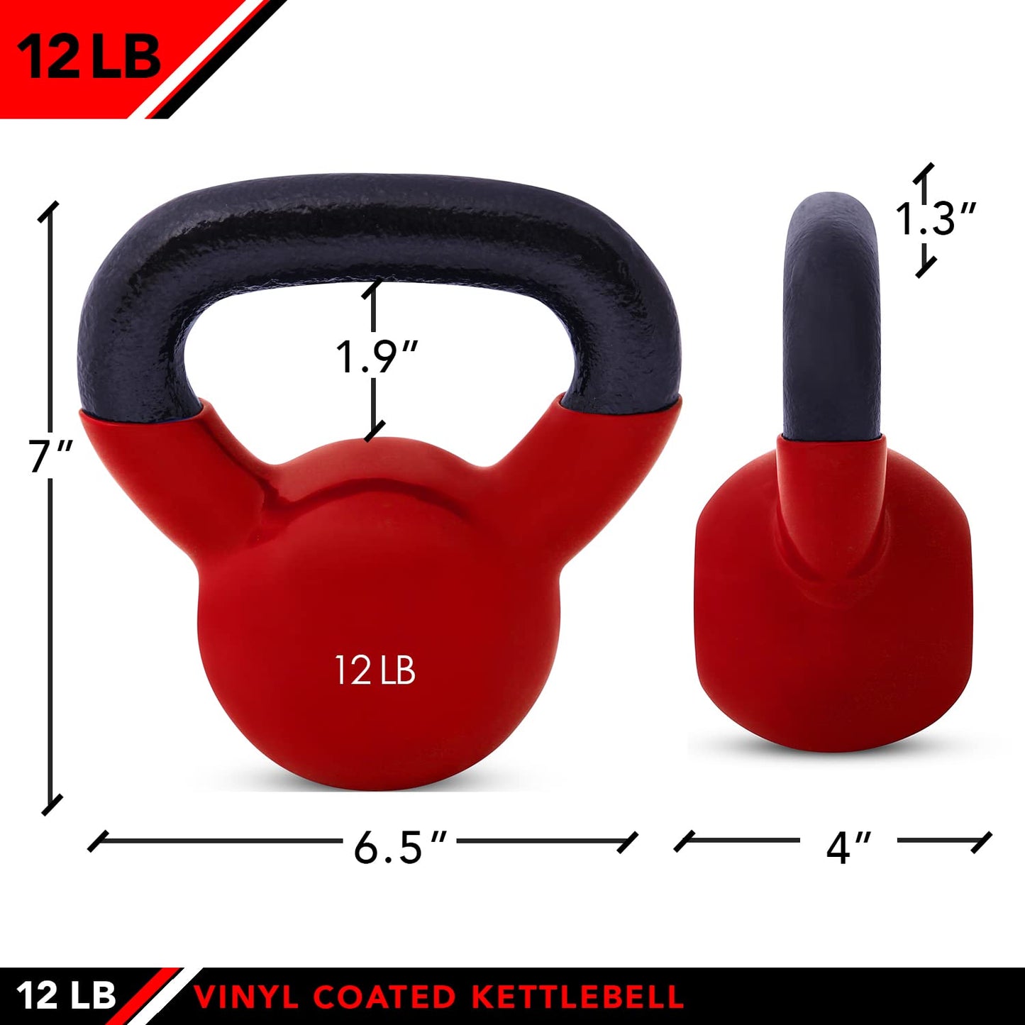 JFIT Vinyl-Coated Cast Iron Kettlebell Weight – Flat Bottom Kettlebell for Strength Training, Cross Training & Home Gym Workouts, 12LB-Red