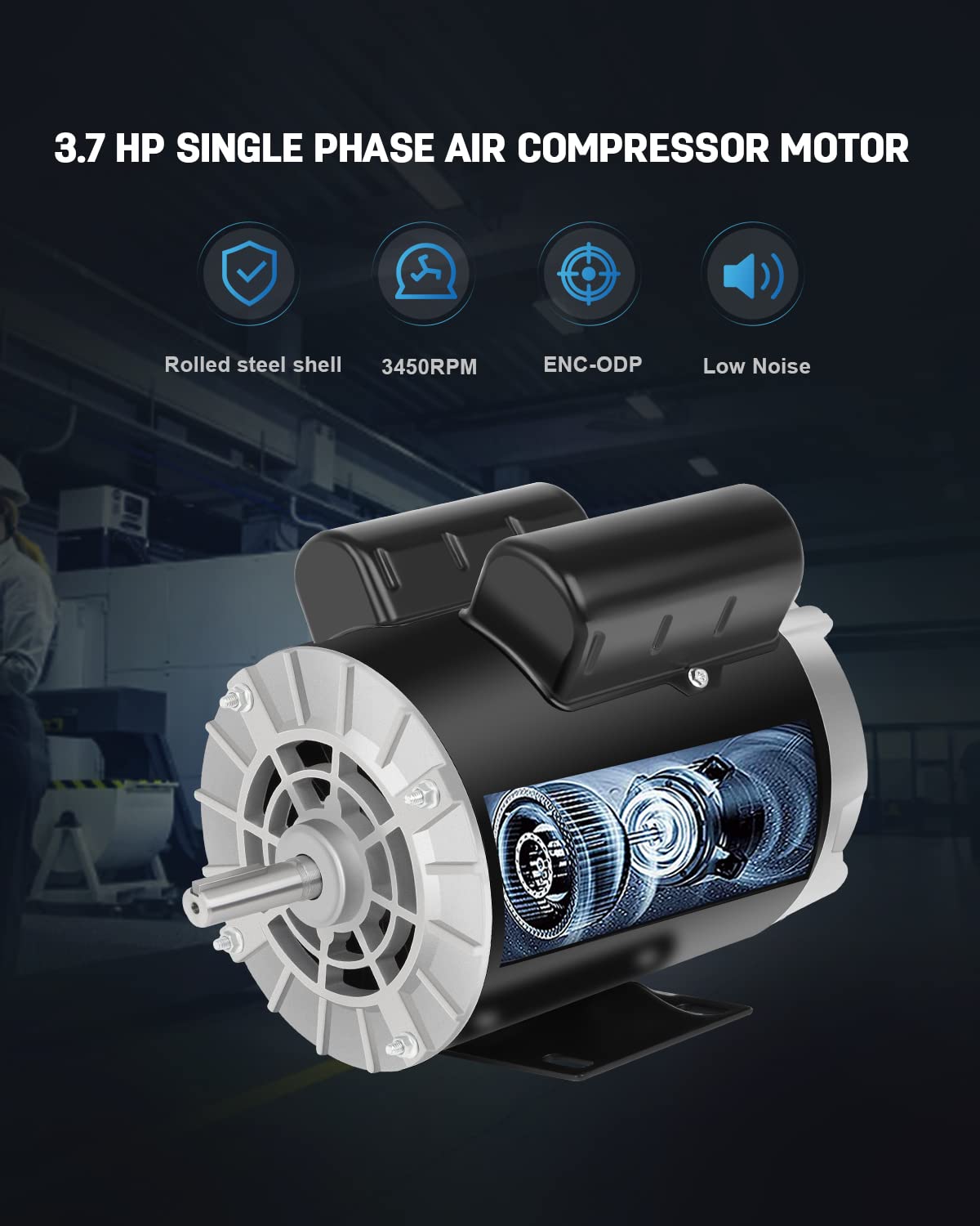 Air Compressor Motor 3.7 HP Electric Motor, 3450 RPM, 230V Single Phase, 56 Frame 5/8 Keyed Shaft 60 HZ