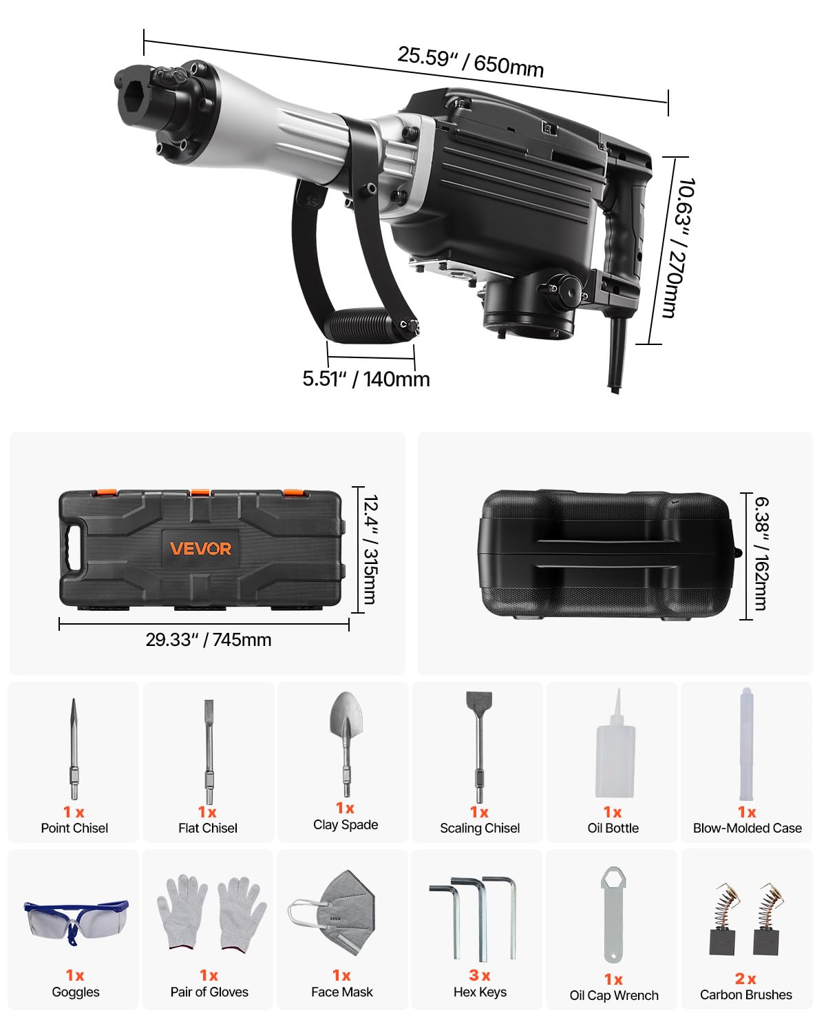 VEVOR Demolition Jack Hammer, 2800 W Powerful Electric Jackhammer, 1200 BPM Concrete Breaker with 3 Chisels, a Clay Spade, Carrying Case, Gloves, for Concrete, Wall, Brick, Tile and Foundation