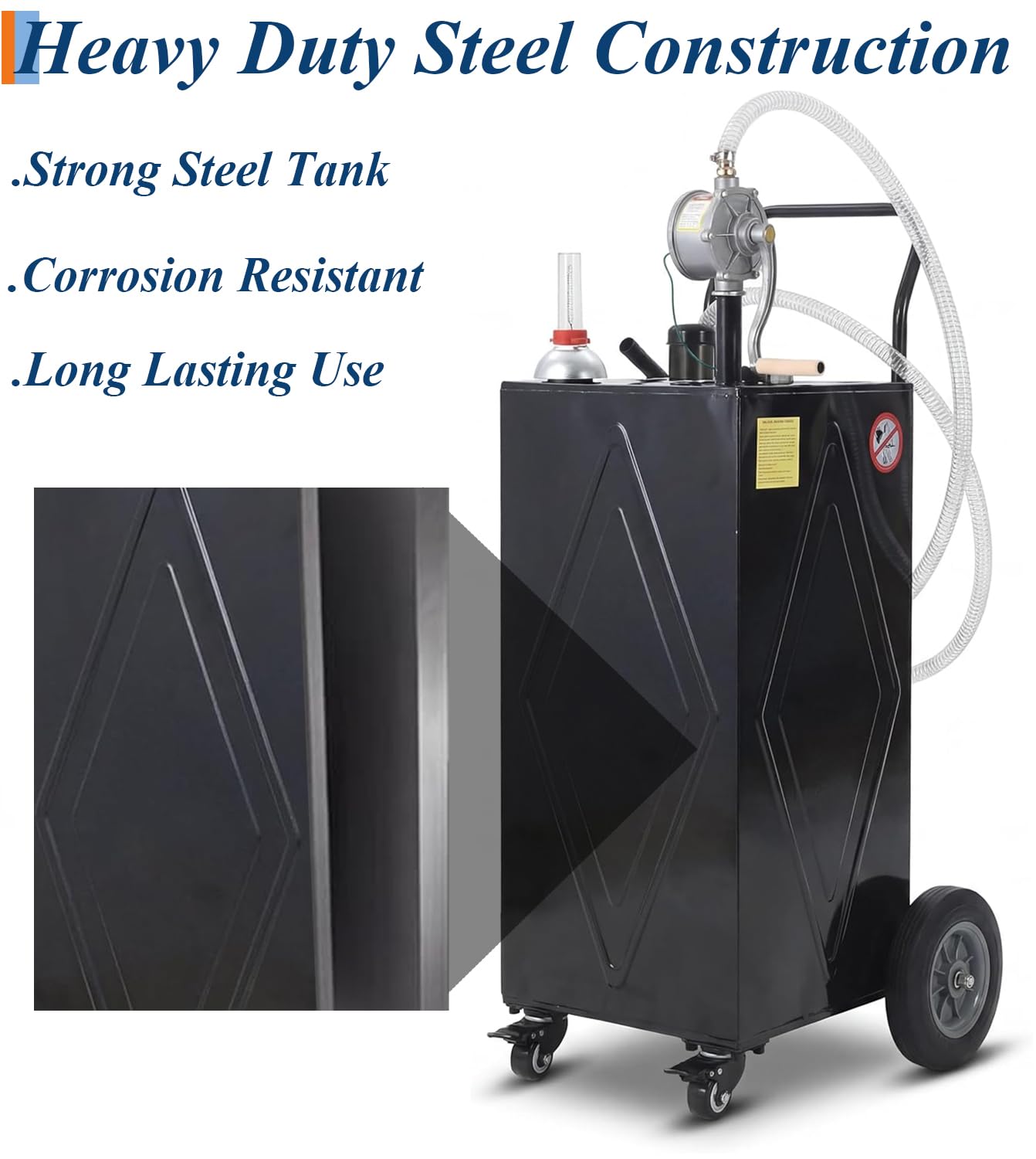 Garvee 30 Gallon Fuel Caddy with Manual Transfer Pump, Portable Gas Storage Tank on 4 Wheels, Gasoline & Diesel Fuel Storage Tank for Cars, Lawn Mowers, ATVs, Boats, More, Black