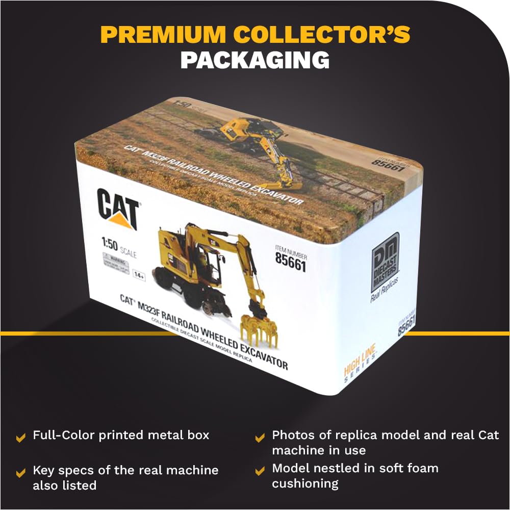 Diecast Masters 1:50 Scale Caterpillar M323F Railroad Wheeled Excavator - Safety Yellow Version | High Line Series Cat Trucks & Construction Equipment Model 85661
