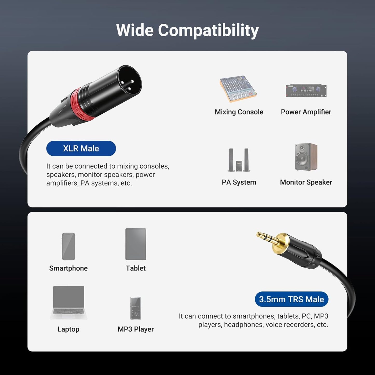 3.5mm 1/8 Inch 10ft MP3 MS024 NEEWER TRS AUX to Dual XLR Breakout Cable, Male to Male Audio Cord Adapter Connector