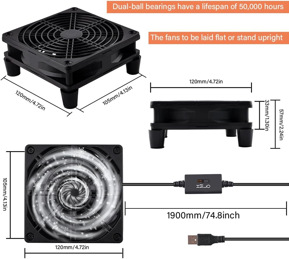 120mm 3-Degree 5V Quiet Router Fan Cooler with L/M/H Speed Controller, DC USB Powered Cooling Case Fan for Router Modem