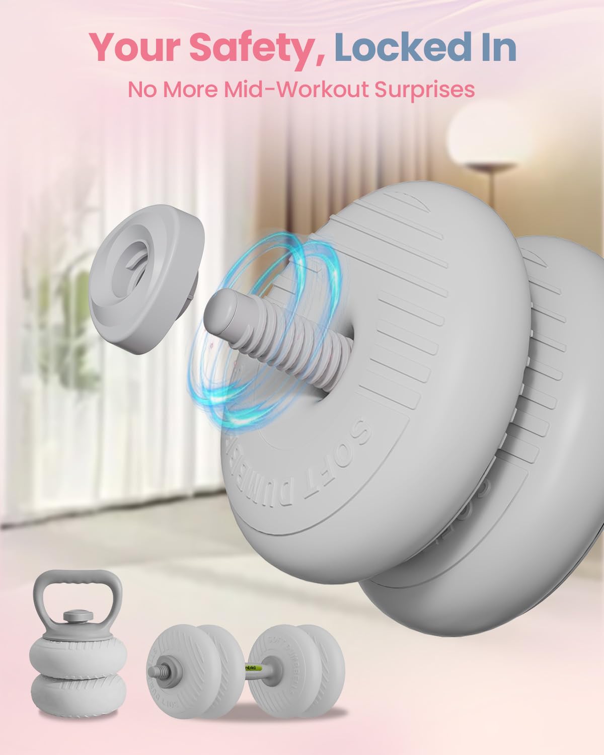 kisnbld Adjustable Dumbbell Set, 13/18/22/35LBS SoftShell Weight Set with Connector 4-IN-1 Dumbbell Set Used as to Barbell & Kettlebell for Home Gym, Fitness Exercise for Men Women Beginners, Gray