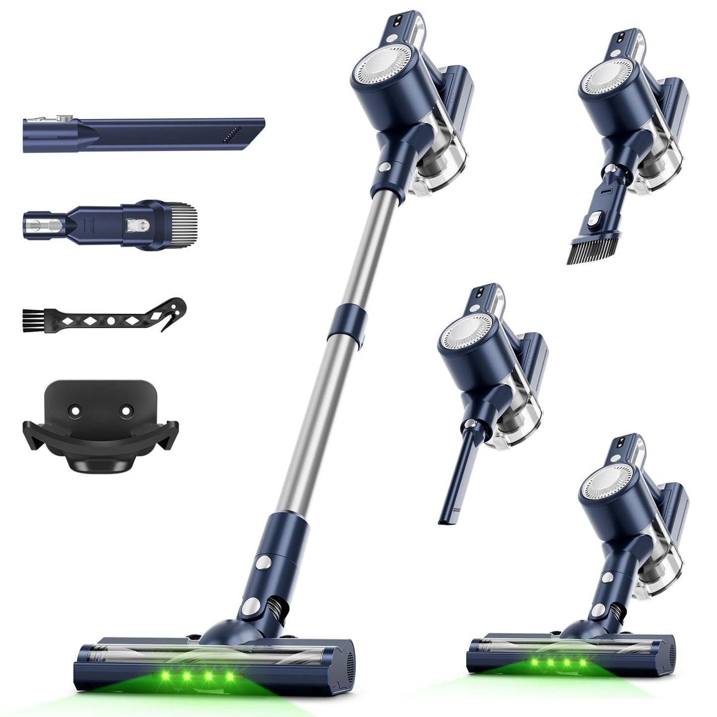 Cordless Vacuum Cleaner: 30KPA Powerful Suction Stick Vacuum, Anti-Tangle Brush for Pet Hair, Portable 6-in-1 Rechargeable Vacuum, Green LED Light, Ideal for Low-Pile Carpet & Hard Floors-Dark Blue