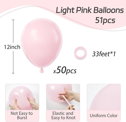 Awenztech 12-Inch Light Pink Balloons - 50 Pack Pastel Latex Balloons for Parties & Celebrations